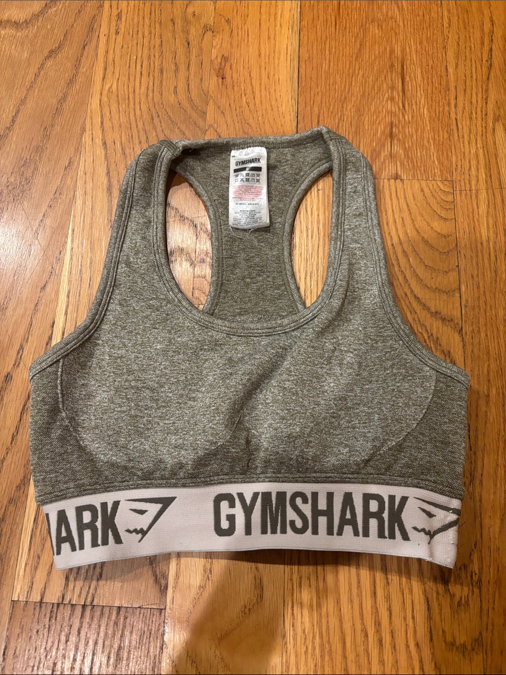 Gymshark Olive Gray Seamless Racerback Sports Bra with White Logo Band